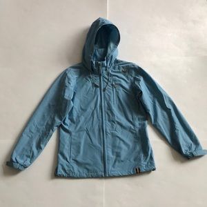 K-way L Blue Rain jacket coat windbreaker Hood 4 Pocket zippers Velcro Excellent